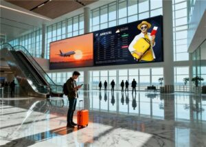 Airport digital signage display showing arrival information and travel advertising in a modern terminal
