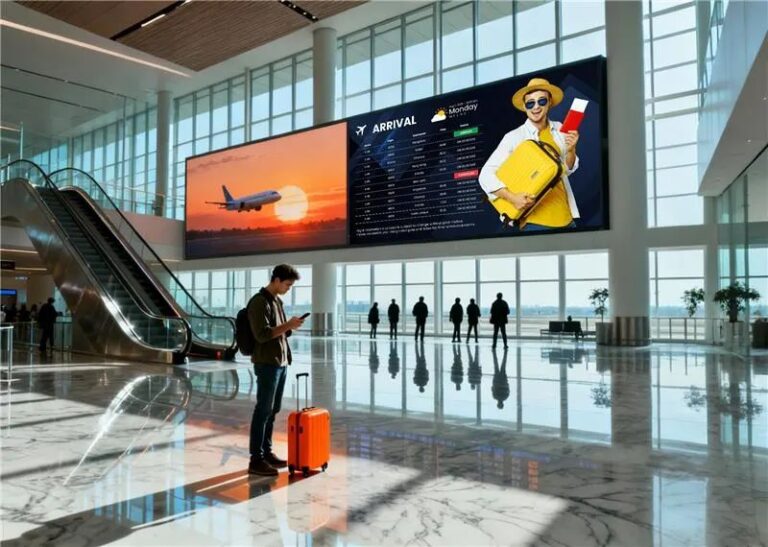 Airport digital signage display showing arrival information and travel advertising in a modern terminal