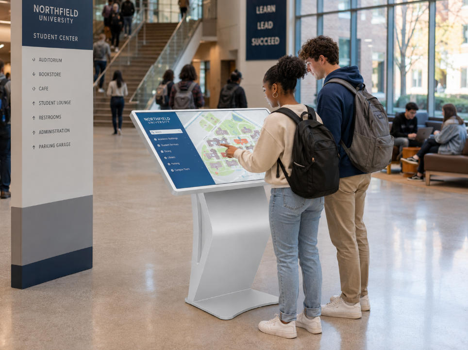 Campus wayfinding kiosk for student center navigation and building search