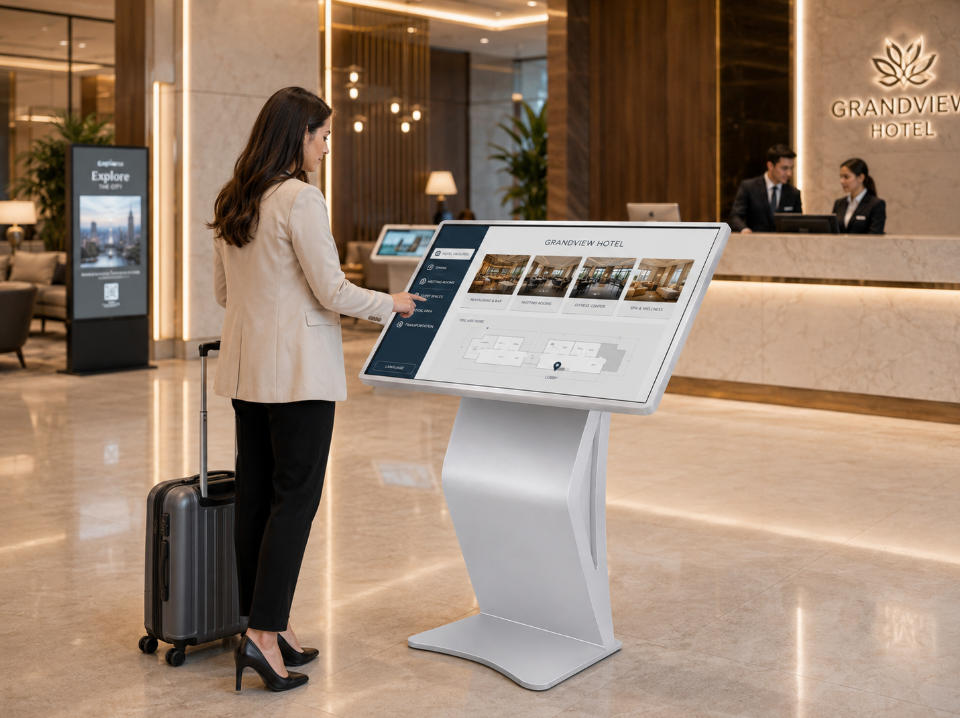 Hotel lobby navigation kiosk for guest information and service guidance