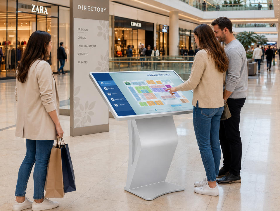 Mall directory kiosk for shopping center wayfinding and store search