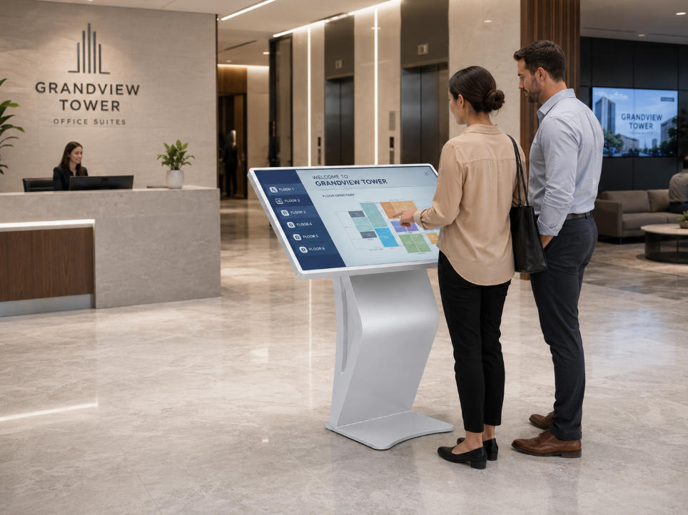 Office lobby digital directory kiosk for building information and tenant search