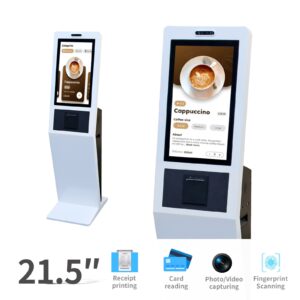 Quiosco de registro de visitantes con escáner de código QR e impresora de credenciales.