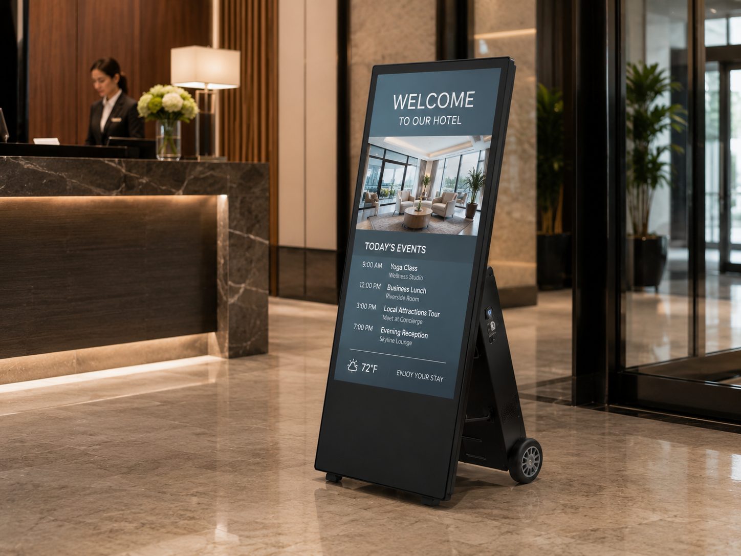 Portable digital signage for hotel lobby welcome display