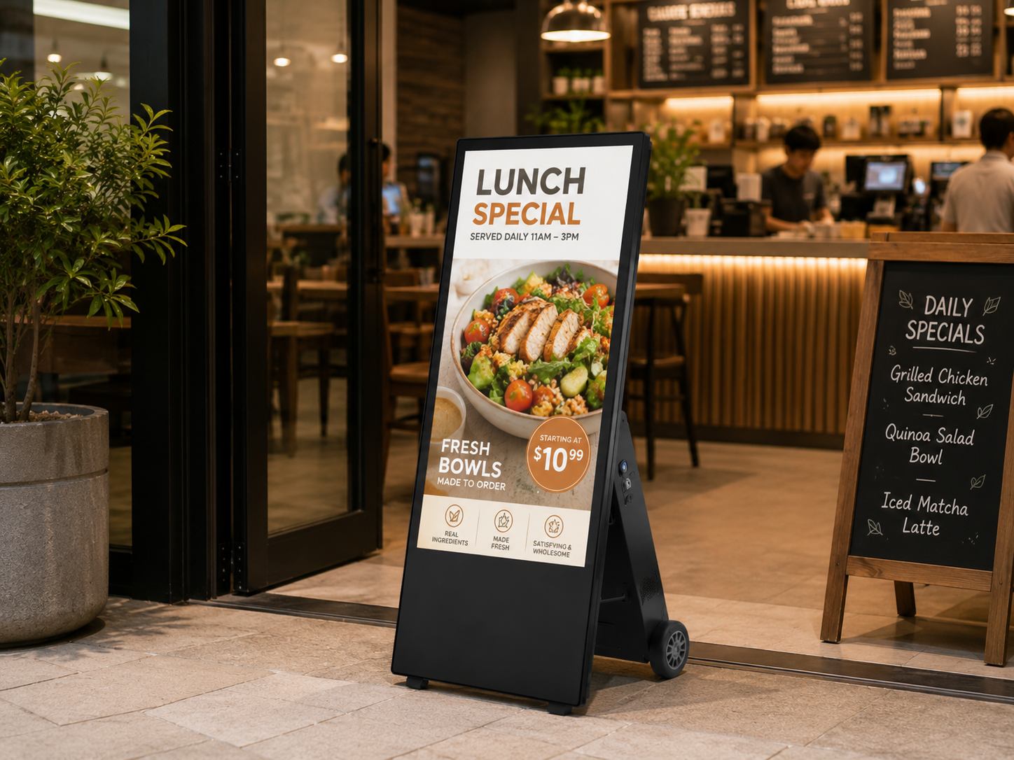 Portable digital signage restaurant menu display for cafés and food promotions