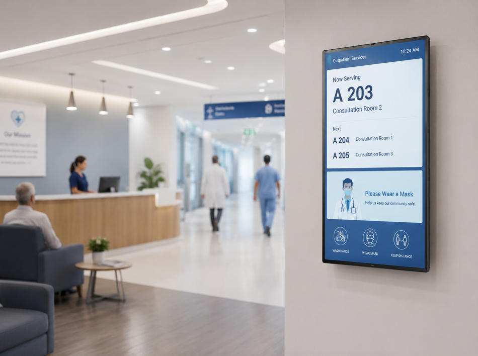 Wall mounted digital signage in hospital for queueing and public service information