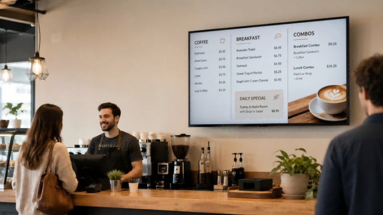 Digital menu board displayed on a TV in a modern café, showing coffee, breakfast, and combo options with staff interacting with customers.