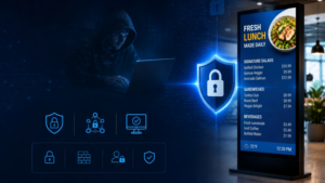 Hacker in a hoodie using a laptop beside a secure digital signage display with a shield icon, illustrating digital signage security and data protection.