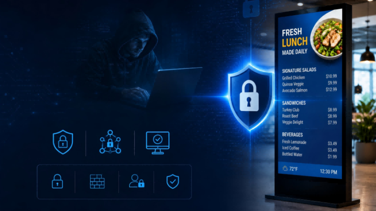 Hacker in a hoodie using a laptop beside a secure digital signage display with a shield icon, illustrating digital signage security and data protection.