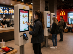 Customer using a McDonald kiosk inside a McDonald’s restaurant