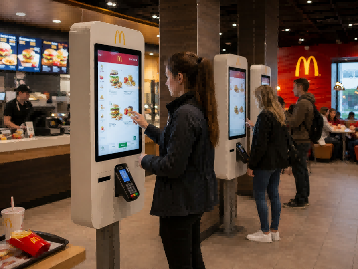 Customer using a McDonald kiosk inside a McDonald’s restaurant