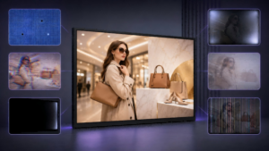 Commercial LCD display showing common display issues including dead pixels, flickering, uneven brightness, ghosting, and screen lines