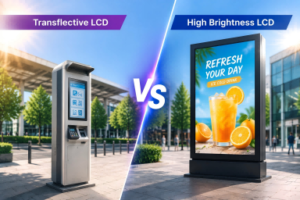 Comparison of transflective LCD and high brightness LCD display solutions showing an outdoor interactive kiosk and digital advertising display under sunlight conditions.