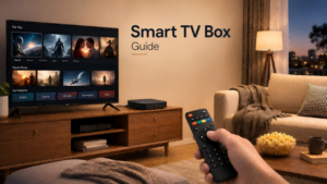 Smart TV box buying guide showing a smart streaming device connected to a television