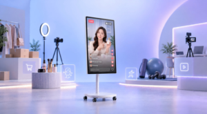 Portable smart TV used for live streaming, live commerce, beauty tutorials, fitness content, and creator applications.